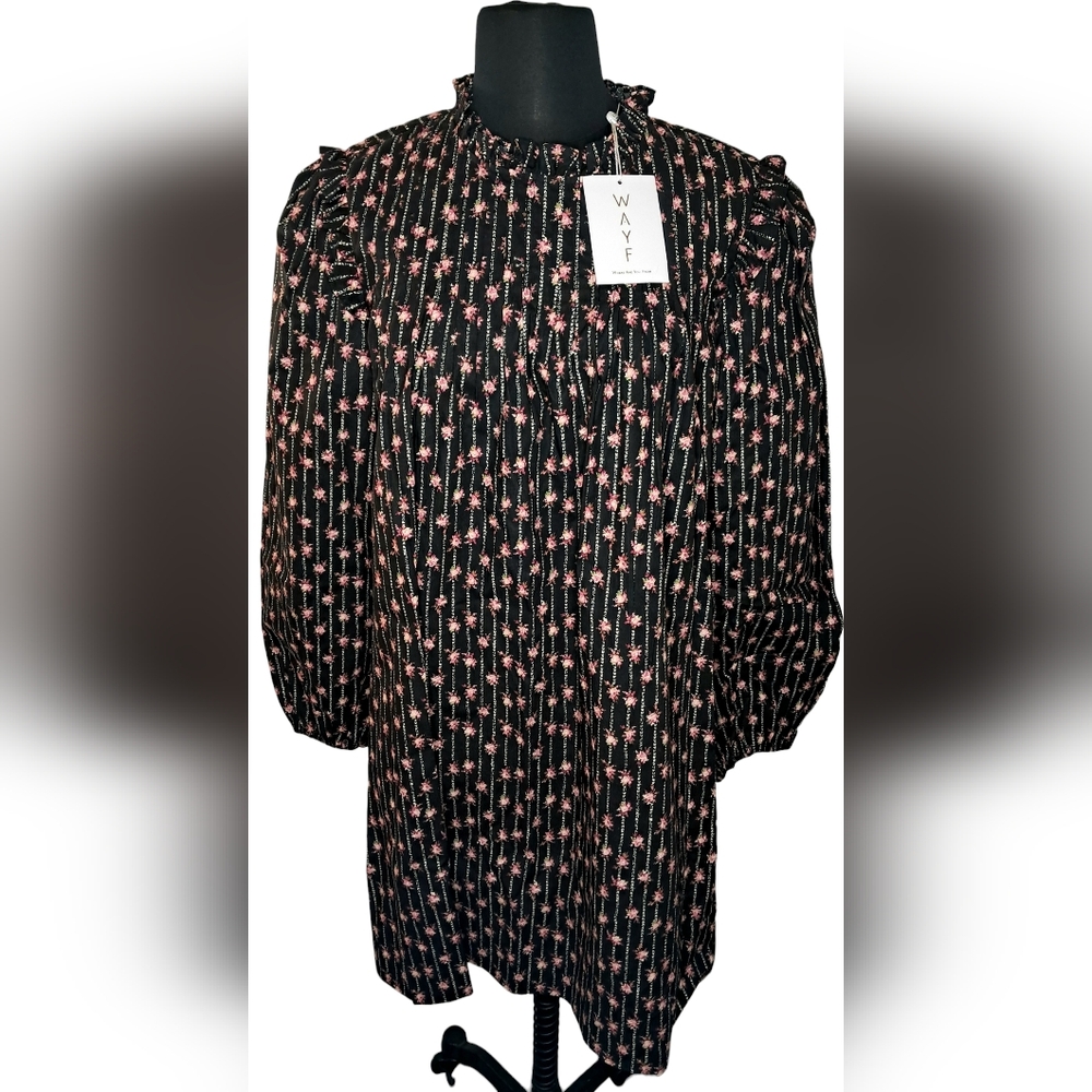 WAYF Women's Storybook Charm Black Floral Ruffle Mini Dress New With Tags